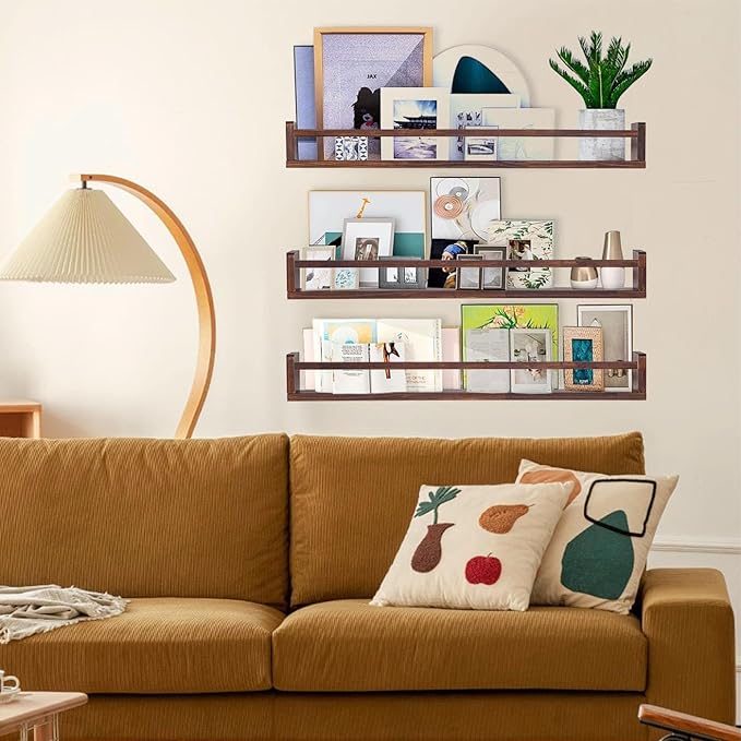 AZSKY Nursery Book Shelves Deep Walnut Wall Mount Floating Book Shelf for Bedroom Wooden Wall Book Shelf Children Kids Toddler Wall Bookshelf 36 Inch a Set of 3 Same Sizes-CubbioJoy