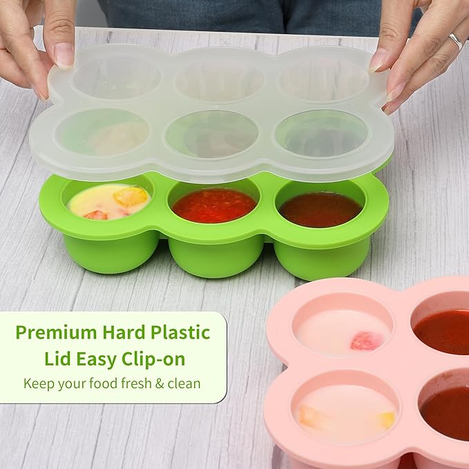 6x3oz Baby Food Freezer Tray with Clip on Lid Bright Green | Leakproof Freezer Molds Silicone Storage Container for Purees Fruits Vegetables-CubbioJoy