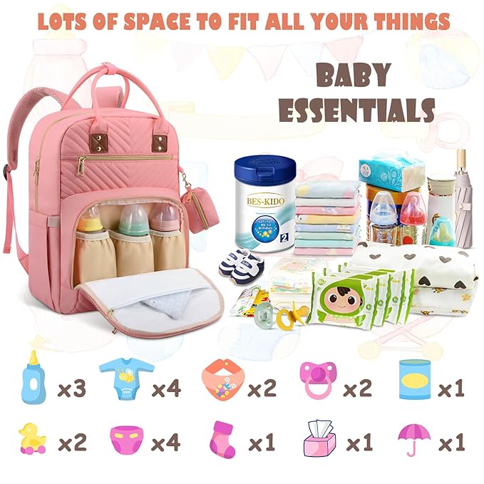 Baby Diaper Bag Backpack, Travel Diaper Bags for Baby Girl Boy Large Capacity Baby Bag Backpack for Women Light Pink-CubbioJoy