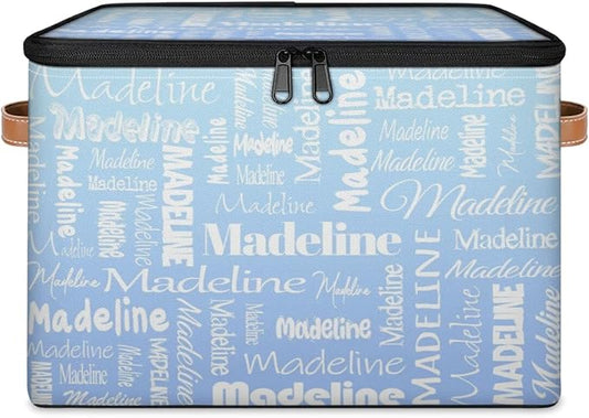 Custom Storage Basket with Name, Personalized Storage Bins with Zipper Lid, Foldable Fabric Storage Box Large capacity with Handle White Blue-CubbioJoy