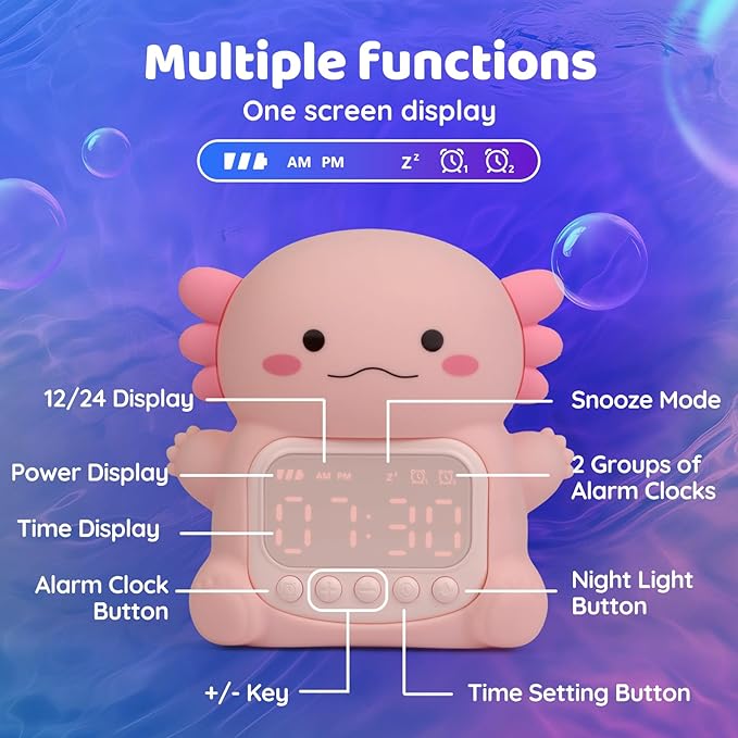 Axolotl Alarm Clock with Night Light for Kids, Rechargeable Silicone Lamp Time to Wake Clock，Cute Animal Tabletop Lamp, Perfect Sleep Companion for Boys Girls-CubbioJoy