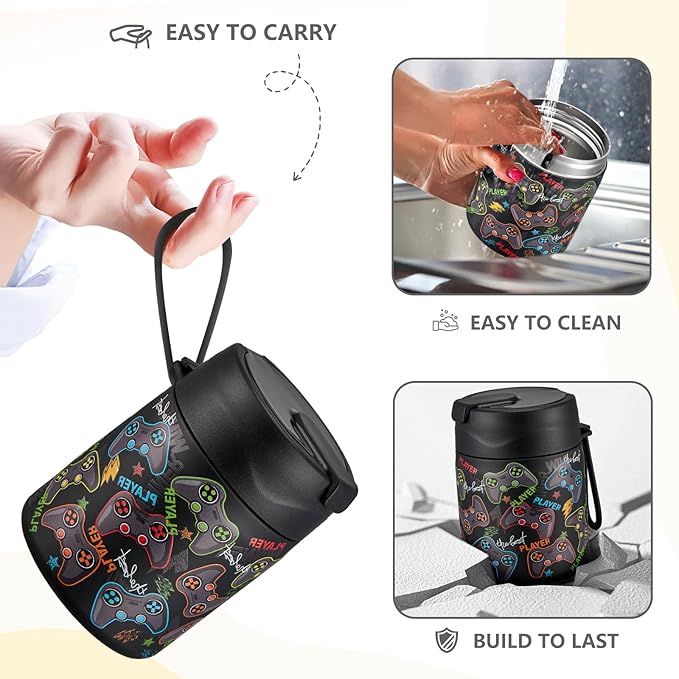 17oz Soup Thermo for Hot Food Kids Insulated Vacuum Food Jar with Stainless Steel Spoon Wide Mouth Thermo Leakproof Lunch Food Container Kids Hot Lunch Box (Black-Game)-CubbioJoy