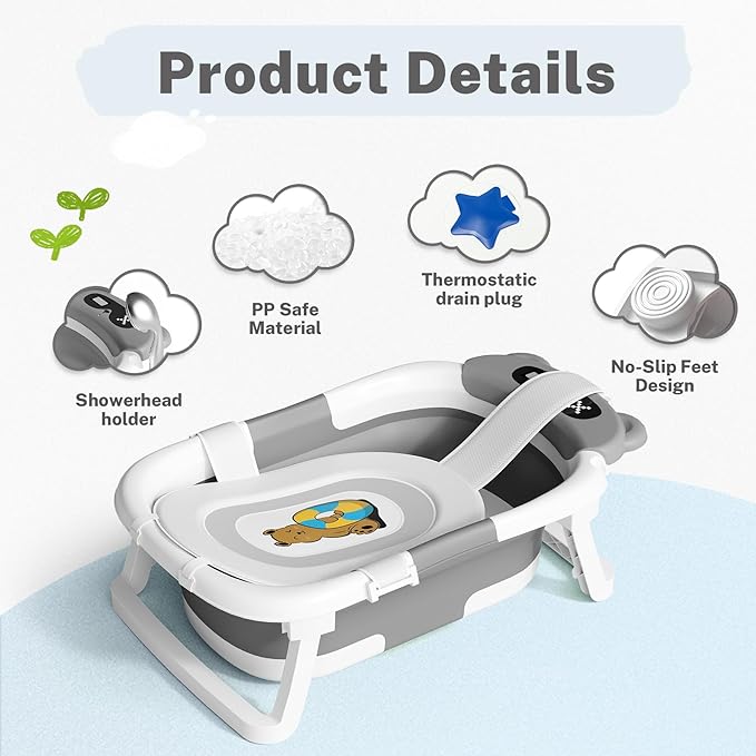 AVIDOR Baby Bathtub,Collapsible Bathtub for Newborn to Toddler,Durable Essential Infant Bath Tub,Portable Travel Baby Tub with Soft Cushion,No-Slip Hanging and Detachable(Grey)-CubbioJoy