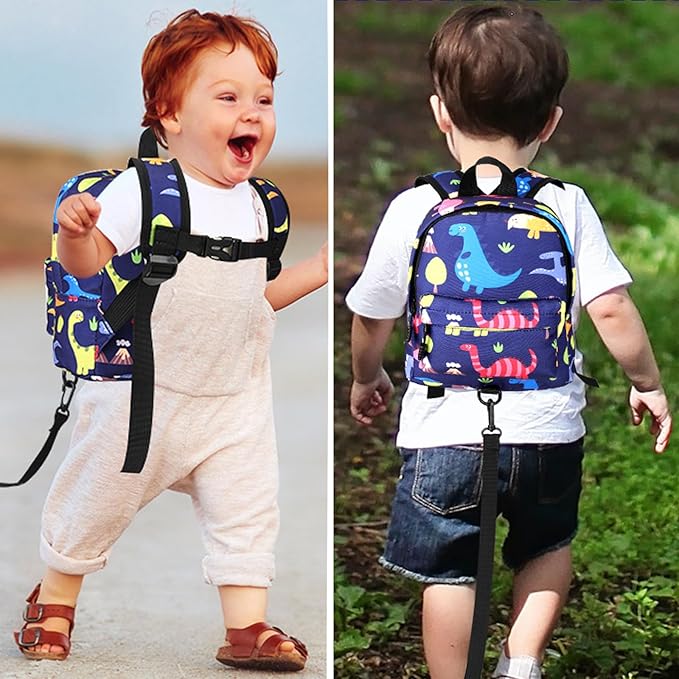Accmor Toddler Backpack Leash with Anti Lost Wrist Link, Cute Mini Child Walking Harnesses Keep Kids Close Back Pack Rope Tether Rein for Baby Boys (Navy Blue/Dino)-CubbioJoy
