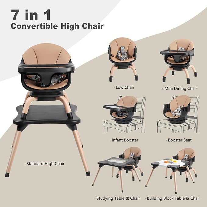 Baby High Chair, 7 in 1 Convertible High Chairs for Babies and Toddlers, Kids Learning Table, Building Block Table, Toddler Dining Chair with 360° Rotating Seat, 5-Point Safety Harness (Black)-CubbioJoy
