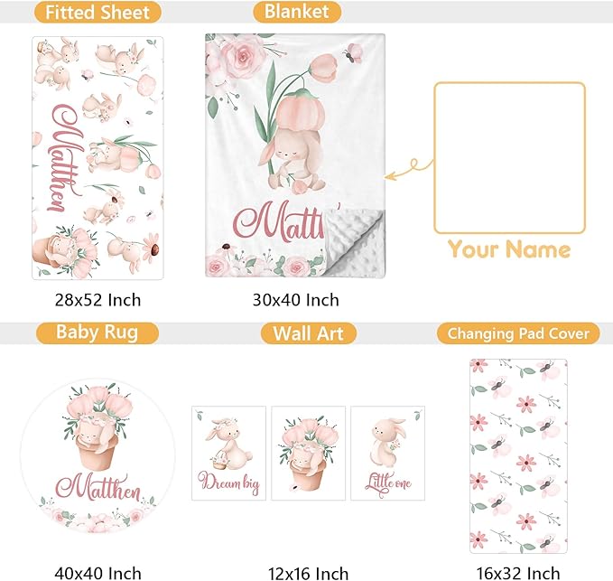 Custom Baby Crib Bedding Set - 5 Pcs Personalized Name Baby Crib Set with Double Layer Blanket - Soft Tulip Bunny Nursery Bedding Set for Girls Boys - Customized Gifts for Infants Toddlers-CubbioJoy