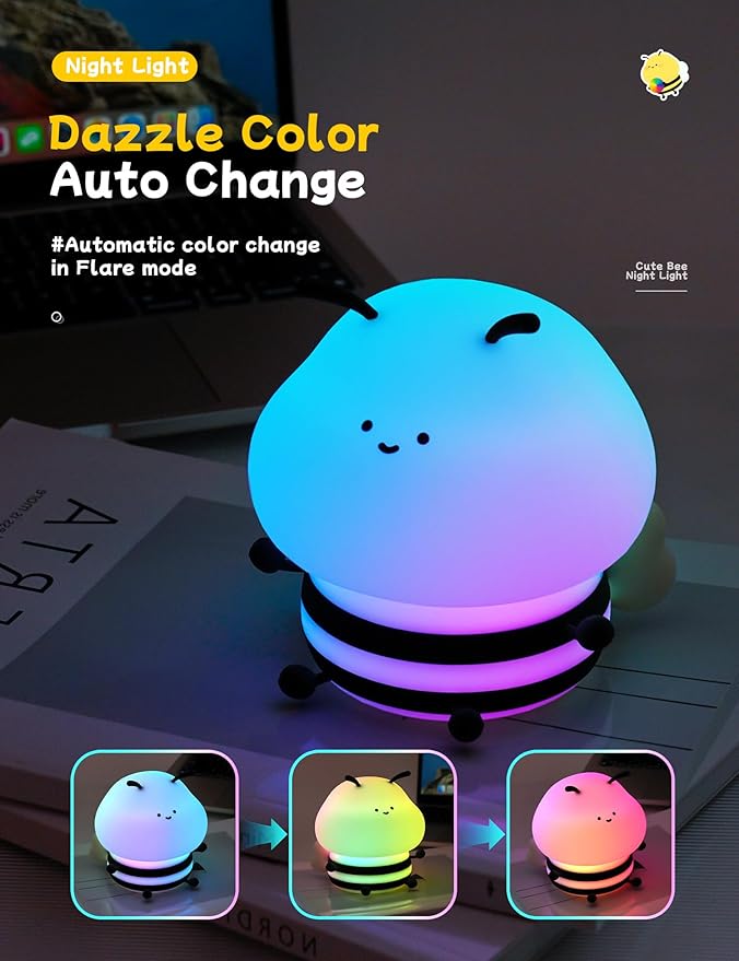 Bee Night Light for Kids,Cute Squishy Silicone Nursery Night Lamp Kawaii Animal Bedside Nightlight with 7 Colors 3 Levels Dimmable Tap Control Rechargeable Nightlights for Kids, Room Decor-CubbioJoy