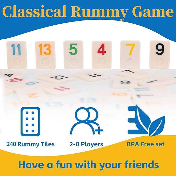 Deluxe Rummy Cube Game Set 6-8 Players with 8 Wooden Racks and 240 Melamine Rummy Tiles, Travel Family Board Game for Adults and Kids-CubbioJoy