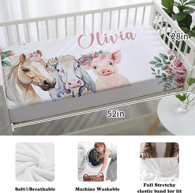 Custom Nursery Crib Bedding Set: Personalized Name 4 Piece Flower Horse Design Baby Crib Sets for Girls - Toddler Double Layer Blanket Set, Comfortable Crib Bed Sheets for Baby Toddlers-CubbioJoy