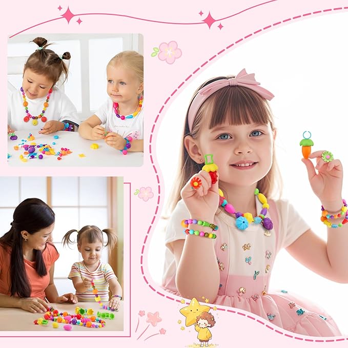 Arthopt Pop Beads, Jewelry Making Kit for 3 4 5 6 7 8 Years Old Girls, Arts and Crafts for Kids,Large Snap Beads DIY Necklace Bracelets Ring Set, Birthday Party Holiday Gift-CubbioJoy