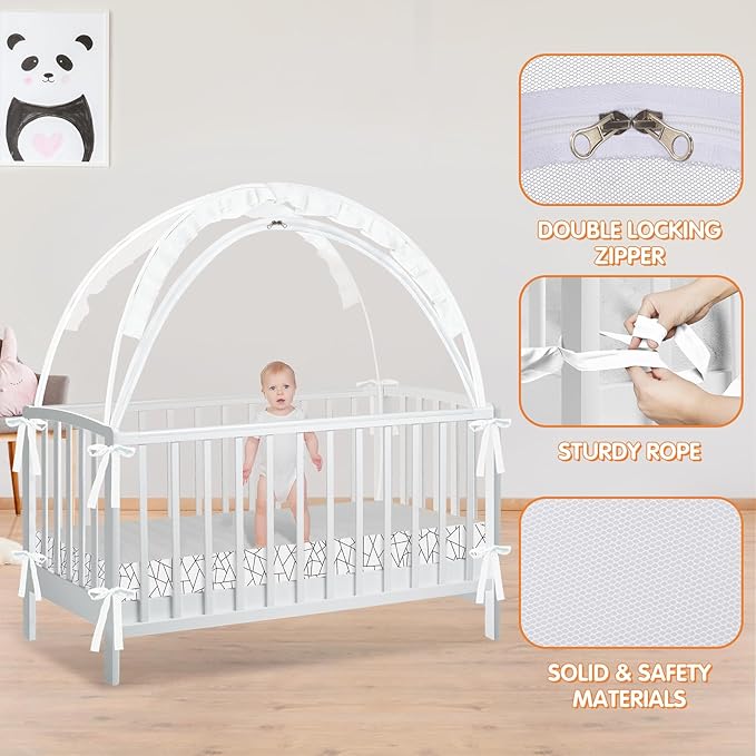 Crib Tent to Keep Baby from Climbing Out - Crib Net to Keep Baby in - Pop Up Breathable Cribs Cover - Canopy with Upgrade Strong Mesh and Durable Zipper (White - Lines, Lager)-CubbioJoy