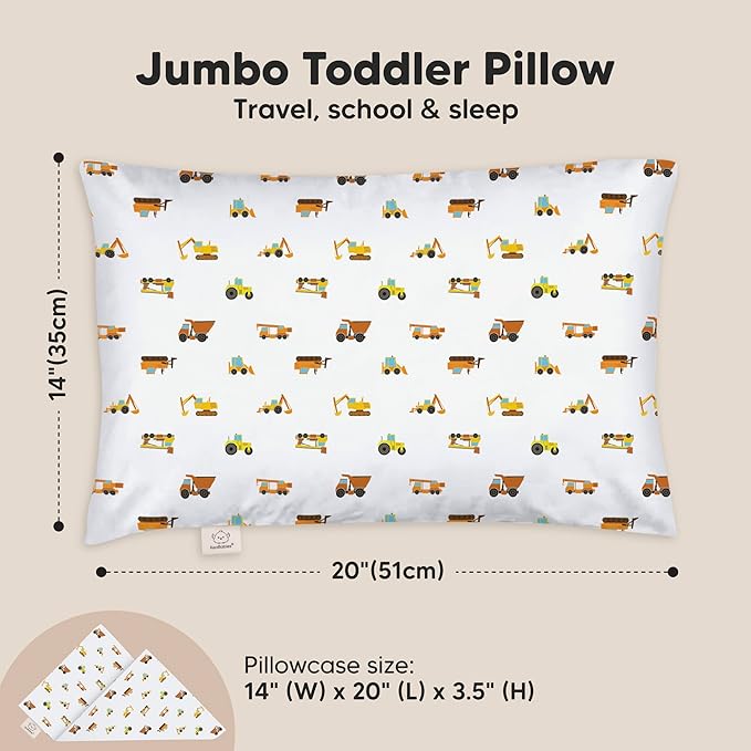 KeaBabies Toddler Pillow with Pillowcase, Jumbo 14X20 - Soft Organic Cotton Toddler Pillows for Sleeping - Machine Washable - Perfect for Travel, Toddler Bed Set (Construction)-CubbioJoy