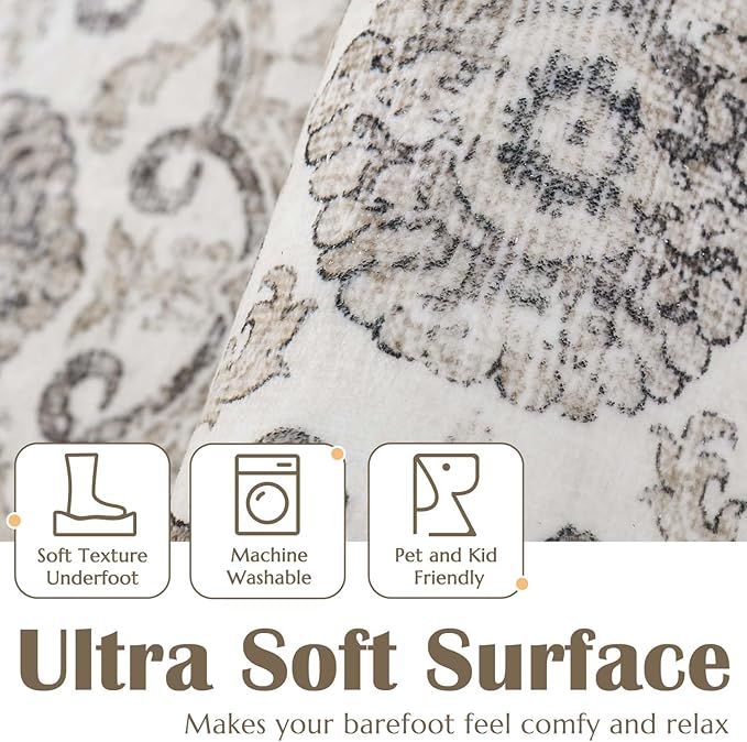 jinchan Floral Area Rugs 4x6 - Machine Washable Vintage Distressed Boho Design Throw Rug Stain Resistant Carpet Low Pile Ultra-Thin Non-Slip for Bedroom Living Room Dining Room Kitchen (4‘x6',Beige)-CubbioJoy