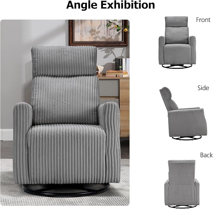 CANMOV Swivel Rocker Chair for Nursery, Swivel Accent Chair with High Back and Arms, Corduroy Glider Chair for Living Room Bedroom Nursery, Grey-CubbioJoy