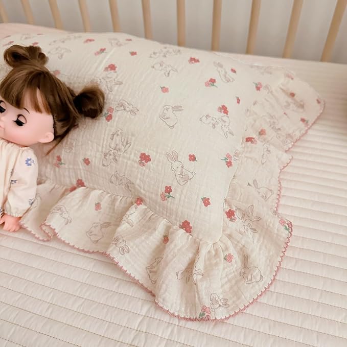 BuLuTu Cute Flower Rabbit Toddler Pillowcase for Girls Boys Soft Breathable Muslin Cotton Kids Pillow Covers, Animal Themed Small Pillow Case for Crib/Toddler Bed, 14"x20", Envelope Closure-CubbioJoy