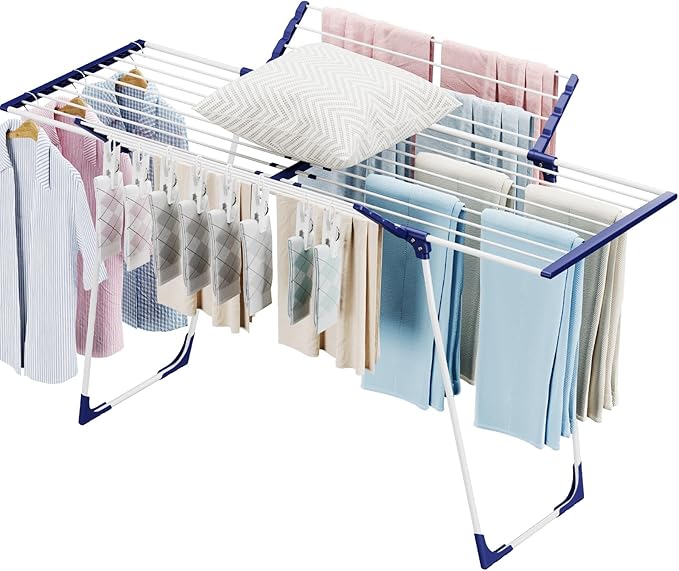 APEXCHASER Clothes Drying Rack, Foldable Gullwing Laundry Rack for Indoor Outdoor, 10pcs Clips with Bag, Collapsible Space-Saving Drying Rack for Clothes Towels Dolls, White-CubbioJoy