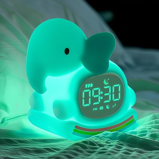 Alarm Clock for Kids with Night Light, Sleep Training Clock Time to Wake Clock, Rechargeable Silicone Light for Bedroom, Perfect Sleep Companion for Boys Girls, Green Elephant-CubbioJoy