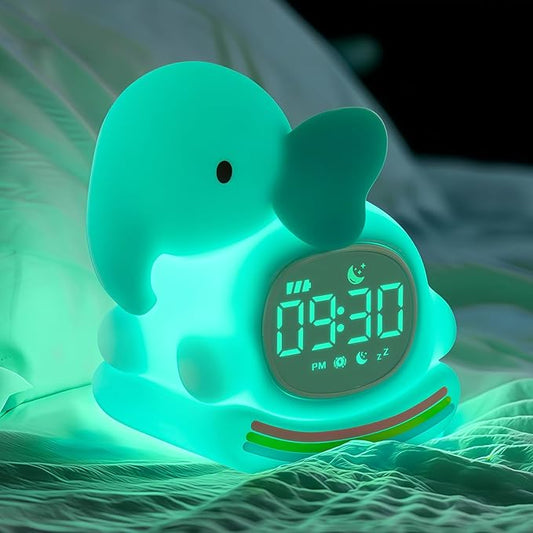 Alarm Clock for Kids with Night Light, Sleep Training Clock Time to Wake Clock, Rechargeable Silicone Light for Bedroom, Perfect Sleep Companion for Boys Girls, Green Elephant-CubbioJoy