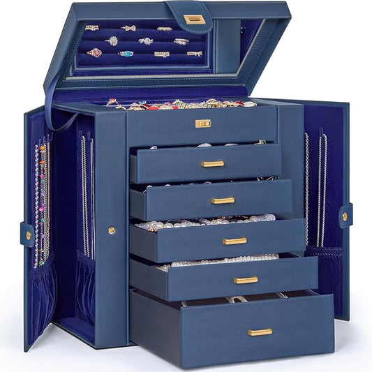 AKOZLIN Extra Large 6-Tier Jewelry Box Organizer Functional Huge, 5 Drawers Leather Jewelry Storage Case for Women Girls Ring Necklace Earring Bracelet Holder Organizer with Mirror Blue-CubbioJoy