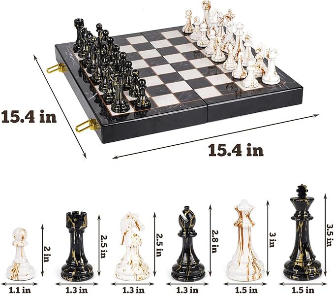 15" Large Chess Set for Adults with Weighted Acrylic Chess Pieces 3.5" King & Portable Folding Marbling Wooden Chess Board Travel Chess Sets Family Board Game Gift – Elegant Classic Chess Game-CubbioJoy