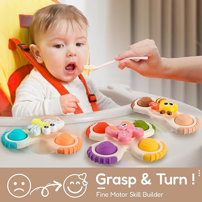 ALASOU 3PCS Pop Suction Cup Spinner Toys for 1 Year Old Boy Girl|Novelty Spinning Tops Toddler Toys Age 1-2|Sensory Baby Bath Toy for Toddlers 1-3|12 18 Months Boy Birthday Gift for Infant-CubbioJoy