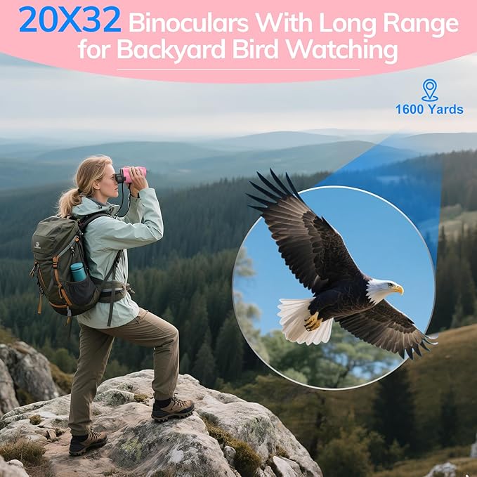 Compact Binoculars for Adults High Powered - OPAITA 20x32 Small Binoculars for Adults Kids with Low Light Vision for Hunting Cruise Ship Travel Concert Hiking Pink-CubbioJoy