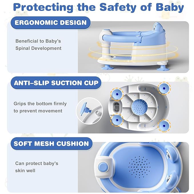 Baby Bath Seat for Babies 6 Months & up Non-Slip Toddler Bath Seats for Sitting Up Infant Bathtub Chair with Suction Cups and Soft Cushion for Baby Shower Tub Seat-CubbioJoy