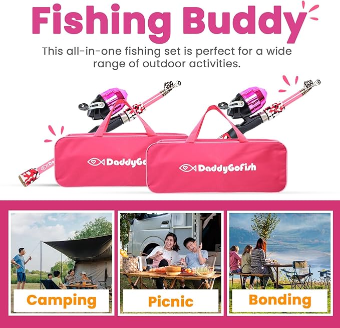 DaddyGoFish Kids Fishing Pole - Rod Reel Combo Tackle Box Starter Set - First Year Small Gear Kit for Boys Girls Toddler Youth Age Beginner Little Children-CubbioJoy
