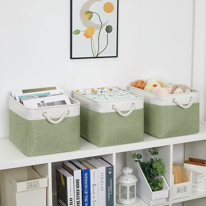 Bidtakay Large Fabric Baskets for Organizing [3-pack] Closet Organizers and Storage Baskets for Gifts Empty Foldable Nursery Baskets for Toy Storage 15 X 11 X 9.5 Inches (White&green)-CubbioJoy