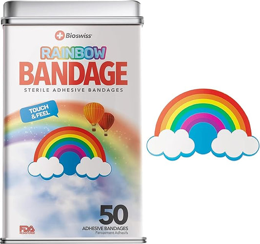 BioSwiss Bandages, Rainbow Shaped Self Adhesive Bandage, Latex Free Sterile Wound Care, Fun First Aid Kit Supplies for Kids, 50 Count-CubbioJoy