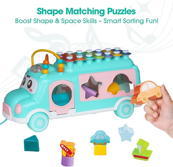 Baby Xylophone for Toddlers 1-3, Bus Shaped Toy Xylophone for Kids with Child Safe Mallet, Shape Sorting Educational Musical Toys and Instruments for Toddlers 1-3-CubbioJoy
