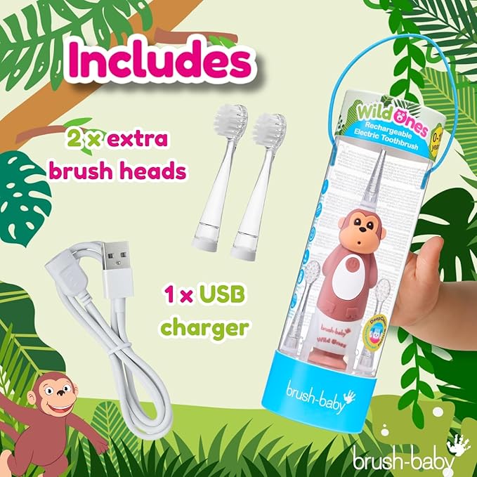 brush-baby WildOnes™ Rechargeable Kids Electric Toothbrush – Monkey | Flashing Lights, 2-Min Timer, Waterproof, 3 Brush Heads | Toddler & Child Toothbrush Ages 0-10 | Soft Bristles-CubbioJoy