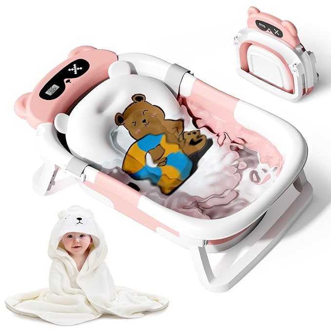 Collapsible Baby Bathtub for Newborn to Toddler (0-18 Month) - Portable Baby Bath Tub for Travel, Newborn Bathtub with Soft Towel and Floating Cushion (Pink)-CubbioJoy
