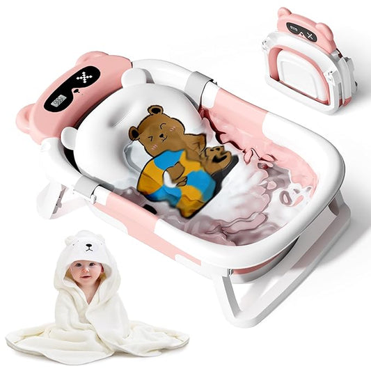 Collapsible Baby Bathtub for Newborn to Toddler (0-18 Month) - Portable Baby Bath Tub for Travel, Newborn Bathtub with Soft Towel and Floating Cushion (Pink)-CubbioJoy