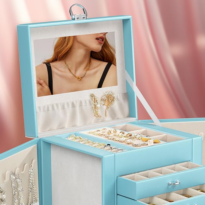 5-Layer Jewelry Box with 4 Drawers, Huge Portable Jewelry Organizer with Lock and Mirror for Women, for Necklace Ring Earring Bracelet Storage, Lockable Jewelry Case, Blue-CubbioJoy