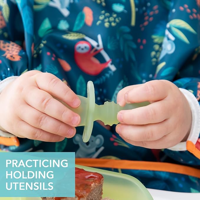 Bumkins Baby Utensils Set, Chewtensils Silicone Spoons for Dipping, Self-Feeding, Baby Led Weaning, Trainer Learning, First Stage Eating, Soft Practice Fork and Spoon, Babies 6 Months, Green Jelly-CubbioJoy