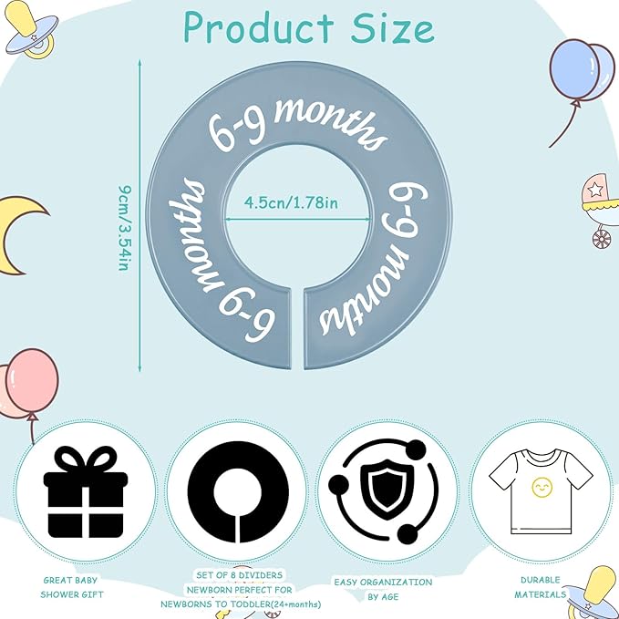 8 Pcs Baby Closet Dividers Unisex Baby Clothes Organizers Clear Labels for Nursery Closet Organizer & Decor Nursery Fits Most Rods(Modern,Cool Colors)-CubbioJoy