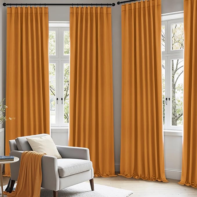 ANRODUO Back Tab Blackout Curtains for Bedroom Living Room, Rod Pocket Pinch Pleated Thermal Insulated Room Darkening Curtains 84 Inches Long 2 Panels, Mustard Yellow, 42 x 84 Inch-CubbioJoy