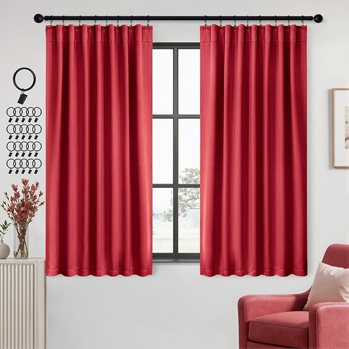 ANRODUO Back Tab Blackout Curtains for Bedroom Living Room, Rod Pocket Pinch Pleated Thermal Insulated Room Darkening Curtains 54 Inches Long 2 Panels, Red, 42 x 54 Inch-CubbioJoy