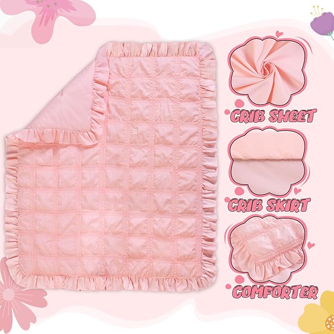 Cloele 3 Pieces Crib Bedding Set for Girls,Standard Size Pink Ruffled Nursery Crib Baby Bedding Set Includes Comforter Fitted Sheet Crib Skirt -Girls Solid Seersucker Ruffle Quilt-CubbioJoy