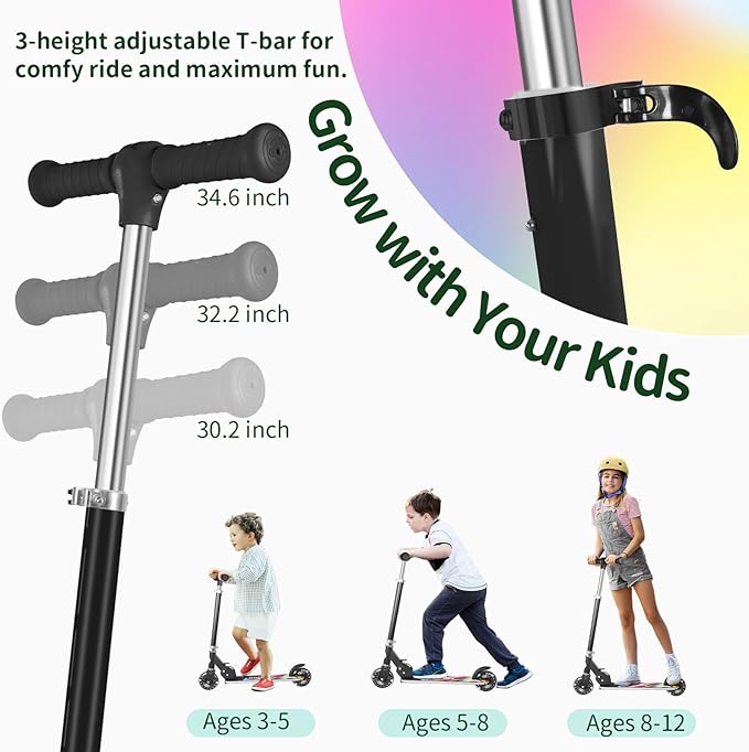 BELEEV V2 Scooters for Kids with Light-Up Wheels & Stem & Deck, 2 Wheel Folding Scooter for Girls Boys, 3 Adjustable Height, Non-Slip Pattern Deck, Lightweight Kick Scooter for Children Ages 3-12-CubbioJoy