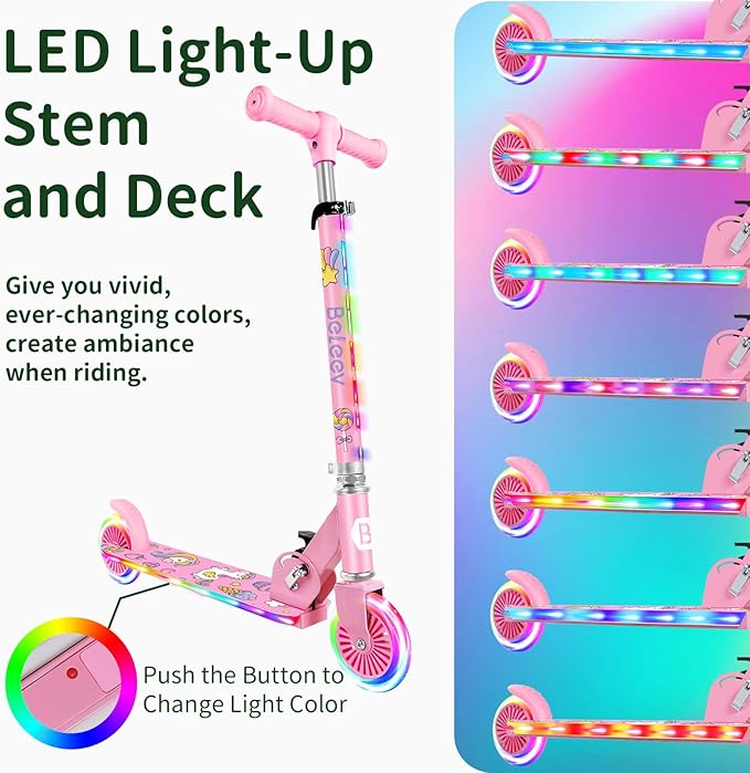 BELEEV V2 Scooters for Kids with Light-Up Wheels & Stem & Deck, 2 Wheel Folding Scooter for Girls Boys, 3 Adjustable Height, Non-Slip Pattern Deck, Lightweight Kick Scooter for Children Ages 3-12-CubbioJoy