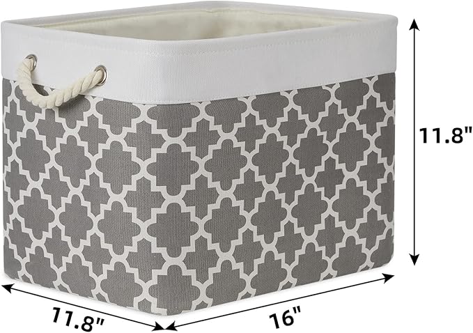 Bidtakay Large Fabric Storage Basket Set of 2 Collapsible Rectangle Basket for Shelves 16" X 11.8" X 11.8" Decorative Organizer Bins for Clothes Toys(White&Quatrefoil Grey)-CubbioJoy