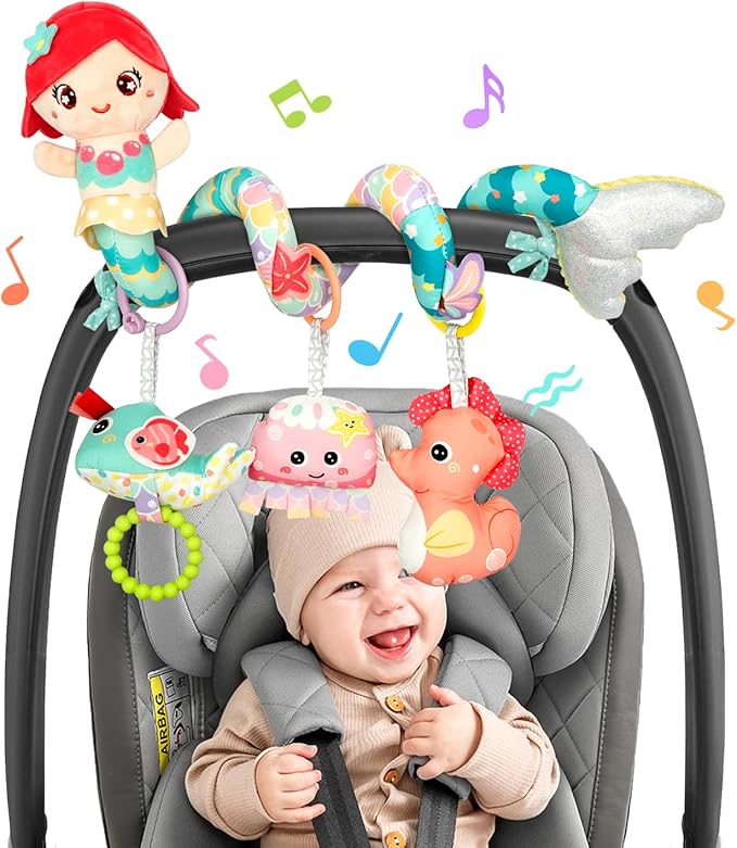 Carseat Toys Hanging Car Seat Toys for Babies 0-6 Months Boy Girl, Mermaid Stroller Toy Newborn Infant Sensory Baby Toy 0-6 Months with Music Rattle Teether, Gift for 0 3 6 9 12 Months-CubbioJoy