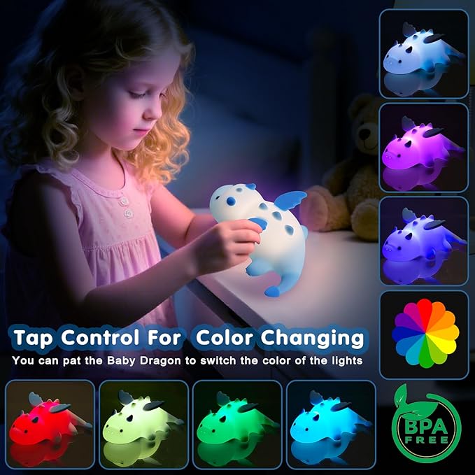 Cute Baby Dragon Kids Night Light for Kids,Cute Soft Silicone Lamp 3 Level Dimmable Changing Rechargeable Breastfeeding Nursery Portable Kawaii Lamps,Bedside Lamp for Baby and Toddler,Boy Girls（Blue）-CubbioJoy