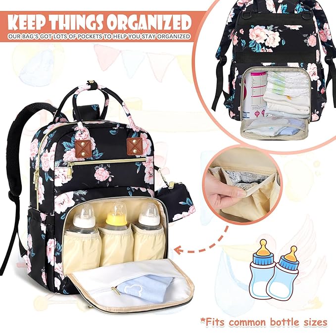 Baby Diaper Bag Backpack, Travel Diaper Bags for Girl Boy Large Capacity Baby Bag Backpack for Women Black Floral-CubbioJoy