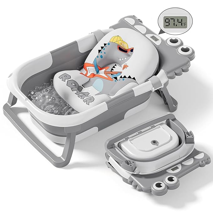 Collapsible Baby Bathtub for Newborn, Foldable Baby Bath Tub with Thermometer & Soft Floating Cushion & Drain Hole, Portable Travel Infant Bath Tubs for Newborns to Toddlers 0-36 Months Boys, Grey-CubbioJoy