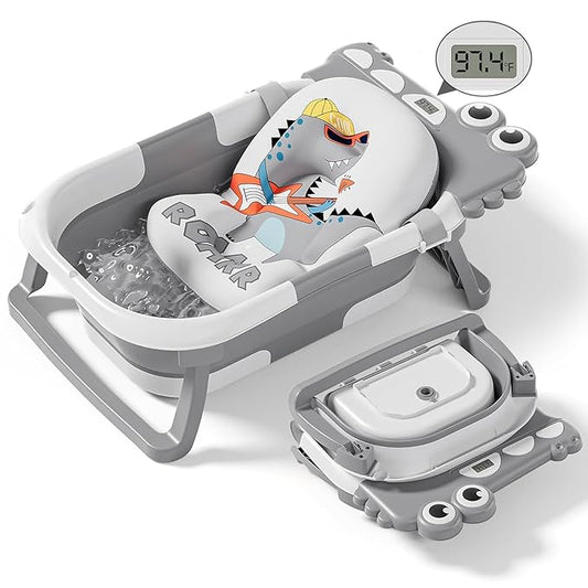 Collapsible Baby Bathtub for Newborn, Foldable Baby Bath Tub with Thermometer & Soft Floating Cushion & Drain Hole, Portable Travel Infant Bath Tubs for Newborns to Toddlers 0-36 Months Boys, Grey-CubbioJoy