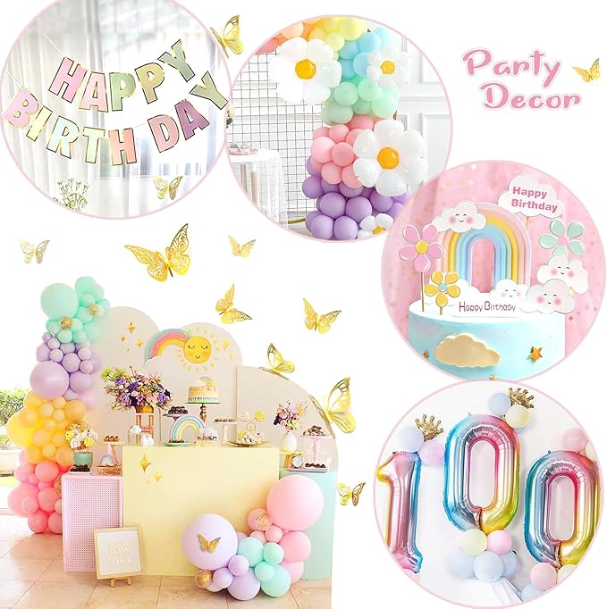 219Pcs Daisy Balloon Arch Garland Kit - Pastel Rainbow Balloons Arch Kit with Daisy Balloons,Banner,Cake Toppers,12 3D Butterfly, for Birthday Party, Baby Shower, Flower Themed Party Decorations-CubbioJoy