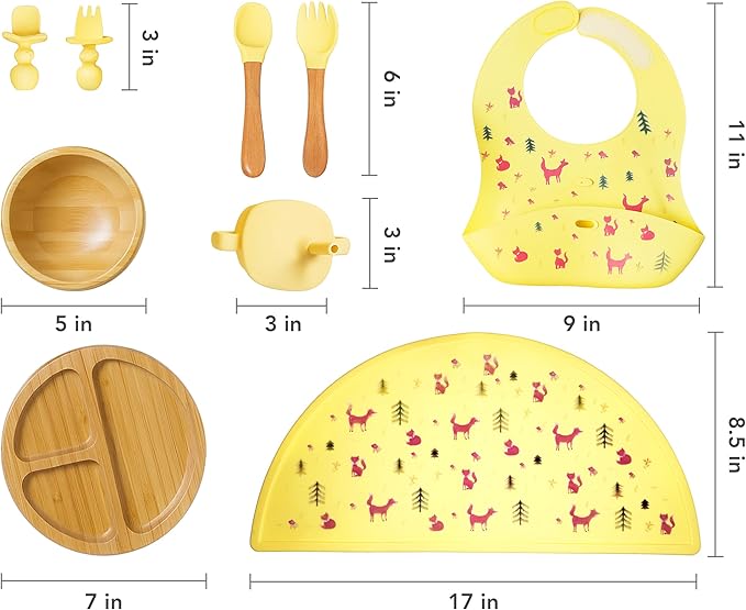 Bamboo Baby Feeding Set for Infants & Toddlers - Baby Essentials, Non-Toxic, Sustainable, Bamboo Suction Plate & Bowl, Bib, Sippy Cup w/Lid & Straw, Daily Use, Travel, Baby Shower Gifts (Yellow)-CubbioJoy